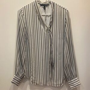White House Black Market Black and White Striped Tie Neck Blouse
